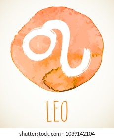 Leo hand drawn Zodiac sign illustration over orange watercolor circle. Vector graphic astrology symbol design element isolated over white.