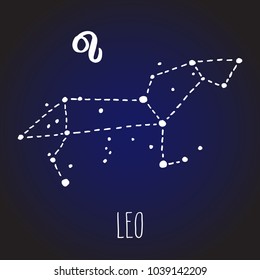 Leo hand drawn Zodiac sign constellation in white over dark blue night sky. Vector graphics astrology illustration. Western horoscope mystic symbol.