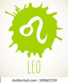 Leo hand drawn Zodiac sign illustration over lime green paint splatter blot. Vector graphic astrology symbol design element isolated over white.