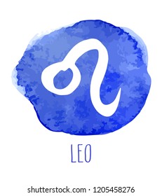 Leo hand drawn zodiac sign. Astrology design element. Vector graphic illustration in blue watercolor circle isolated over white.