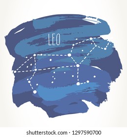 Leo hand drawn Zodiac sign constellation over blue paint strokes. Vector graphics astrology illustration. Western horoscope mystic symbol isolated over white.