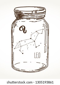 Leo hand drawn Zodiac sign constellation in a mason jar. Vector graphics astrology illustration. Western horoscope mystic symbol isolated over white.