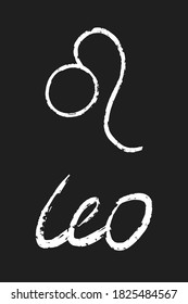 Leo Handwritten brush design vector illustration of a horoscope symbol and a name of constellation in hand drawn technique in black and white. 