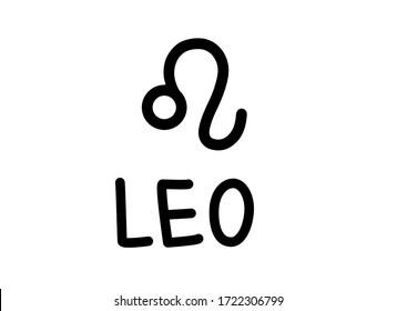 Leo. Handwritten name and icon of sign of zodiac. Modern marker. Black vector text isolated on white background. Minimalistic style