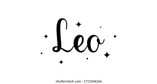 Leo. Handwritten name of sign of zodiac. Modern brush calligraphy style. Black vector text isolated on white background with star elements