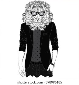Leo hipster in a jacket and sunglasses . Vector illustration. The print on the cover , clothing or card .
