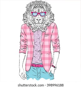 Leo hipster in a jacket and sunglasses . Vector illustration. The print on the cover , clothing or card .

