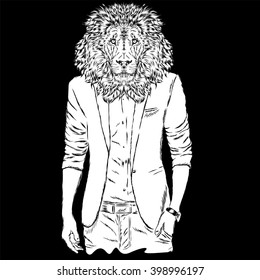 Leo hipster in a jacket and sunglasses . Vector illustration. The print on the cover , clothing or card .
