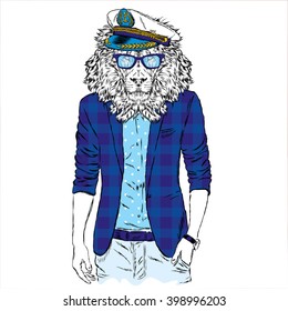 Leo hipster in a jacket and sunglasses . Vector illustration. The print on the cover , clothing or card .
