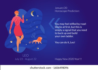 Leo horoscope banner template with modern woman character, leo and place for text. Trendy faceless person on navy blue background.