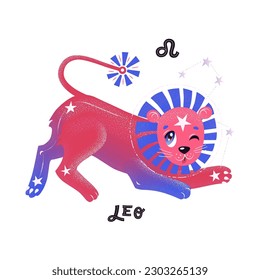 Leo horoscope character with zodiac sign and handlettering. Cute vector illustration EPS 10.