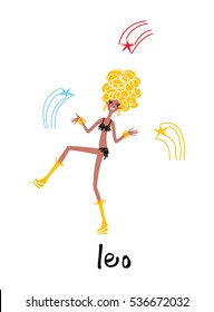 Leo horoscope sign as a dancing woman with afro hair. vector illustration.