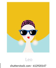 Leo horoscope sign as a fashion woman wearing sunglasses, big solar earrings and afro hairstyle. Vector illustration.