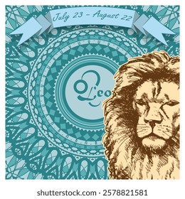 Leo horoscope sign on an openwork background with a ribbon on top and dates. Mix of styles. Poster, decorative panel or other. Vector illustration