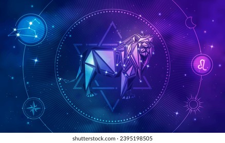 Leo horoscope sign in twelve zodiac with galaxy stars background, graphic of low poly lion with futuristic astrological element