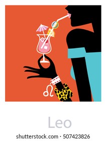 Leo Horoscope sign as a woman drinking cocktail.