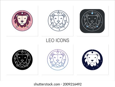 Leo icons set. Fifth fire sign in zodiac. Lion birth symbol. Mystic horoscope sign. Astrological science concept.Collection of icons in linear, filled, color styles.Isolated vector illustrations