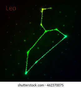 Leo Illustration Icon, Lights Silhouette on Dark Background. Glowing Lines and Points