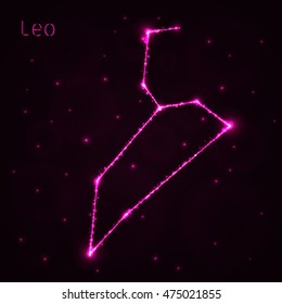 Leo Illustration Icon, Lights Silhouette on Dark Background. Glowing Lines and Points
