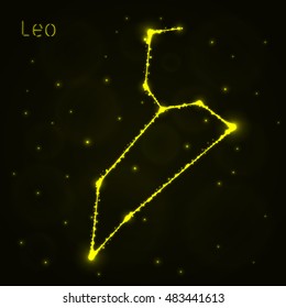 Leo Illustration Icon, Lights Silhouette on Dark Background. Glowing Lines and Points
