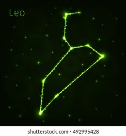 Leo Illustration Icon, Lights Silhouette on Dark Background. Glowing Lines and Points