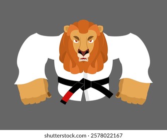 Leo in judo kimono. Karate Lion mascot. Angry sport animal