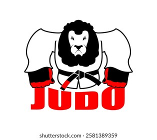 Leo in judo kimono. Karate Lion mascot. Angry sport animal