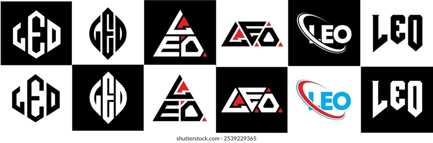 Letra LEO design de logotipo em seis estilo. Polígono LEO, círculo, triângulo, hexágono, estilo simples e plano com logotipo de letra de variação de cor preto e branco definido em uma prancheta. Logotipo minimalista e clássico LEO