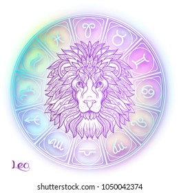 Leo, lion Zodiac sign. Astrological horoscope collection. Violet on soft ultra violet space  background. Vector illustration