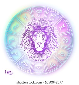 Leo, lion Zodiac sign. Astrological horoscope collection. Violet on soft ultra violet space  background. Vector illustration