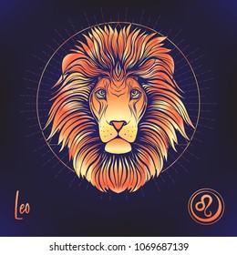 Leo, lion Zodiac sign. Astrological horoscope collection. Multicolor on black dackground. Vector illustration