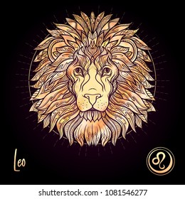 Leo, lion Zodiac sign. Astrological horoscope collection. Rose gold on black dackground. Vector illustration