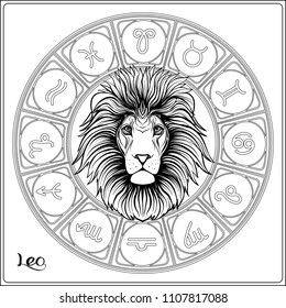 Leo, lion Zodiac sign. Astrological horoscope collection. Outline vector illustration. Outline hand drawing coloring page for the adult coloring book. 