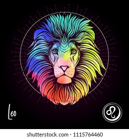 Leo, lion Zodiac sign. Astrological horoscope collection. Multicolor on black dackground. Vector illustration