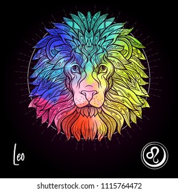 Leo, lion Zodiac sign. Astrological horoscope collection. Multicolor on black dackground. Vector illustration