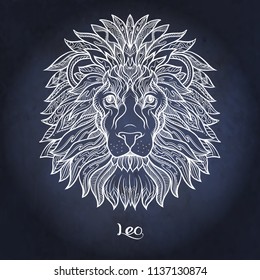 Leo, lion Zodiac sign. Astrological horoscope collection. White on dark  blue, black space  background. Vector illustration