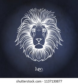 Leo, lion Zodiac sign. Astrological horoscope collection. White on dark  blue, black space  background. Vector illustration