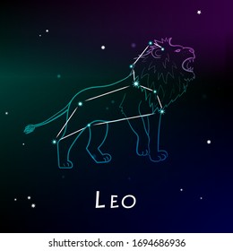 Leo (Lion) Zodiac Sign and constellation in front of dark starry space. Astrological vector illustration.