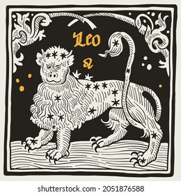 Leo or Lion Zodiac sign and constellations. Illustration in medieval style with black-letter lettering. Gold and black square emblem perfect for apparel, retro posters, and cards.