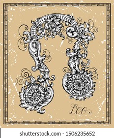 Leo or lion Zodiac sign on frame on texture.  Collection of astrological symbols in baroque victorian style. Vector hand drawn illustration for Horoscope, Esoteric and Mystic background