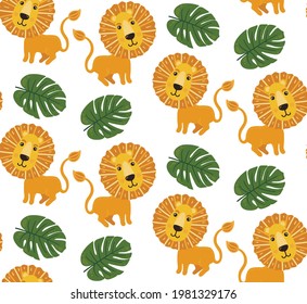 Leo and monstera cute childish naive seamless vectoe pattern