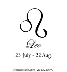 Leo with name and dates. Horoscope with 12 zodiac signs. From July 23 to August 22. Astrology, fortune telling, constellation, stars, ascendant, pseudoscience, natal chart. Italic style
