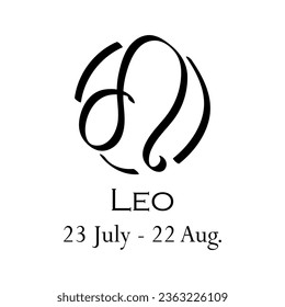 Leo with name and dates. Horoscope with 12 zodiac signs. From July 23 to August 22. Astrology, fortune telling, constellation, stars, ascendant, pseudoscience, natal chart. Casual style of strokes