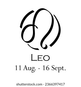 Leo with name and dates. New horoscope with 13 zodiac signs. From August 11 to September 16. Astrology, fortune telling, constellation, stars, ascendant. Casual style with black strokes