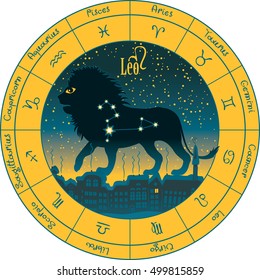 leo on the background urban night landscape and the starry sky in circle with the signs of the zodiac