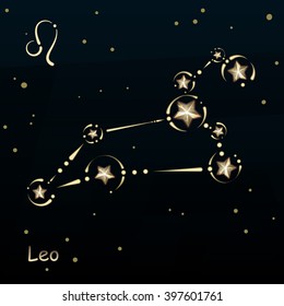 Leo on a dark blue background, surrounded by stars. Constellation connected lines and decor.