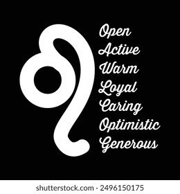 Leo Open Active Warm Loyal Caring Optimistic Generous Zodiac Astrology Horoscope sign vector art design