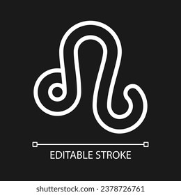 Leo pixel perfect white linear icon for dark theme. Fire zodiac sign. Western astrology element lion. Thin line illustration. Isolated symbol for night mode. Editable stroke. Arial font used
