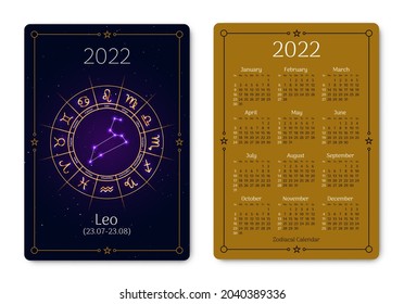 Leo pocket size calendar layout with zodiac sign. 2022 year double sided vertical calendar with Leo glowing constellation astrological symbol on dark cover, week starts from Sunday
