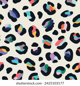 Leo seamless pattern. Random placed, abstract multi colored shapes, wildcat skin imitate. Animal skin all over surface print for fabric, paper, package. Leopard vector background. Modern wallpaper